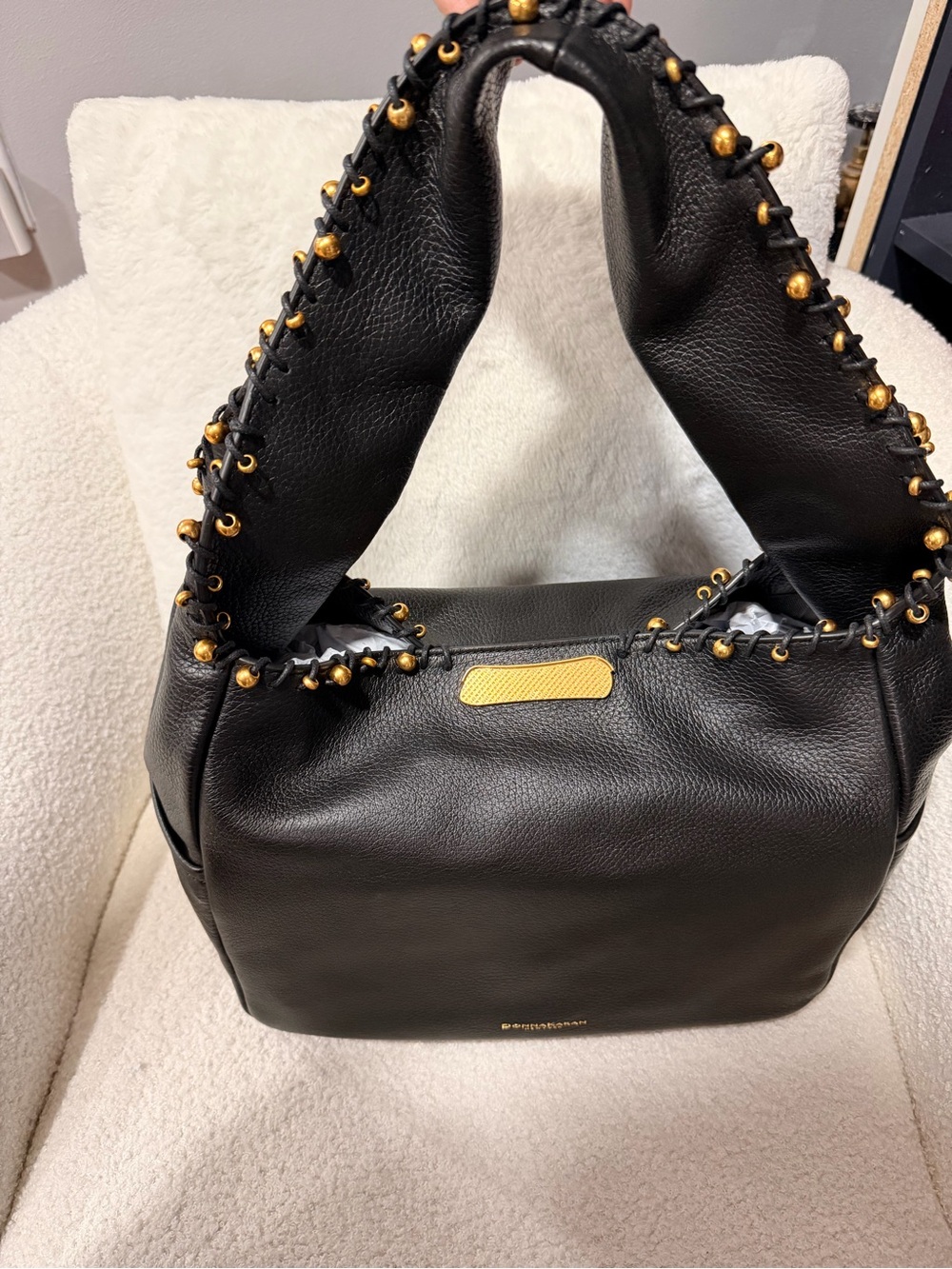 Donna Karan Black Shoulder Hobo Bag with Gold Accents